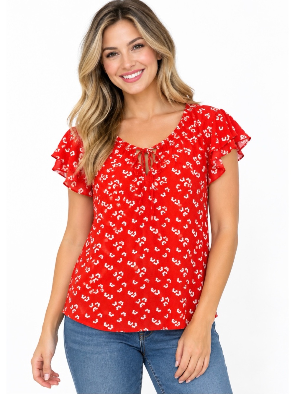 BODEN | Red White Floral Print Tie Neck Ruffle Flutter Sleeve Blouse Top Sz. 6